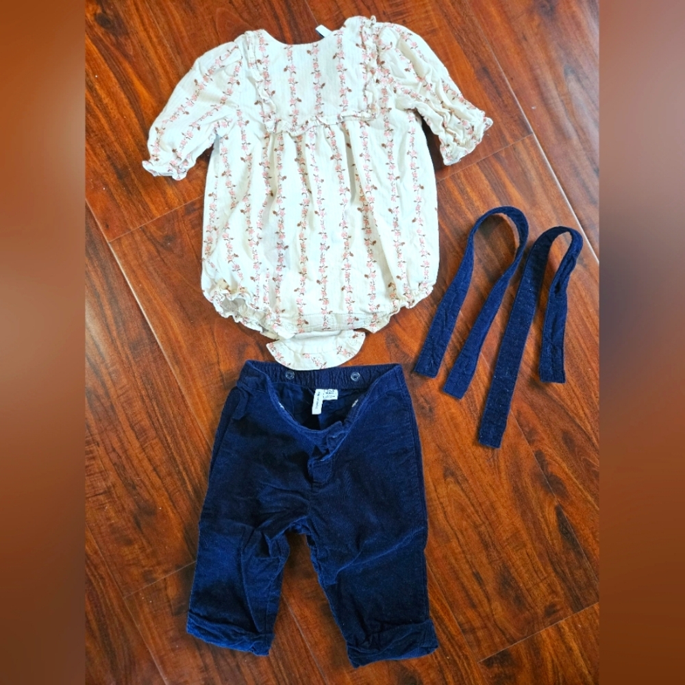 GUC Janie And Jack Floral Baby Romper and Navy Pants Set